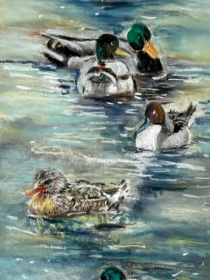 “Ducks all in a Row” Pastel, 6x18 matted to 12x24 -AAV Gallery Grayling mi. . 